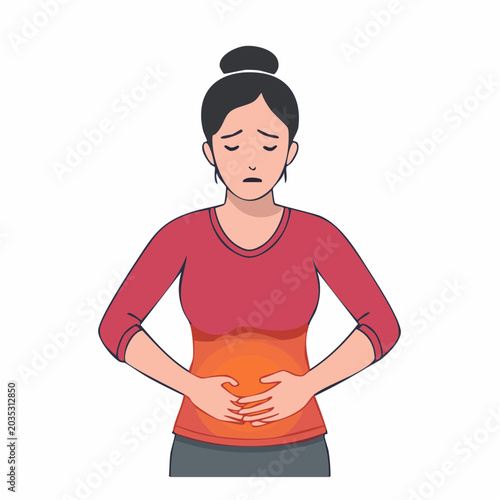 Woman holding stomach in pain, illustration
