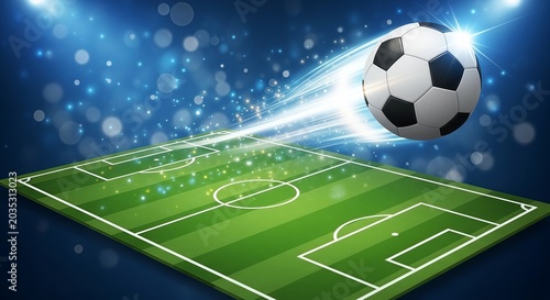 Soccer ball flying over a green grass field with stadium lights