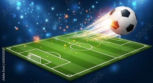 Soccer ball flying towards a goal on a green grass field