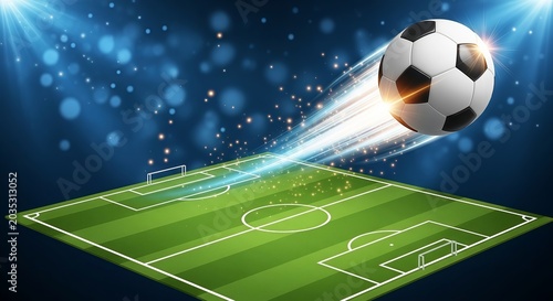 Soccer ball flying over a green field with stadium lights