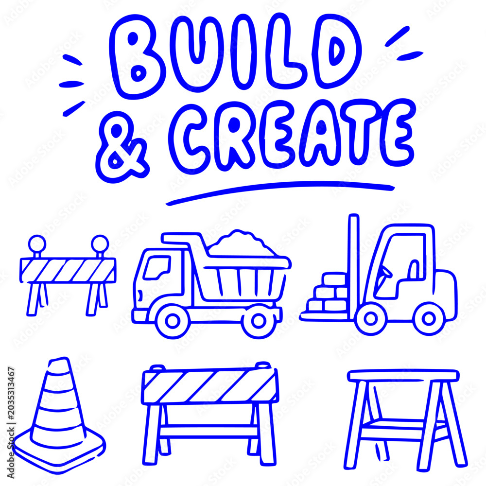 Naklejka premium Build and create construction doodle illustration with truck barriers and forklift equipment