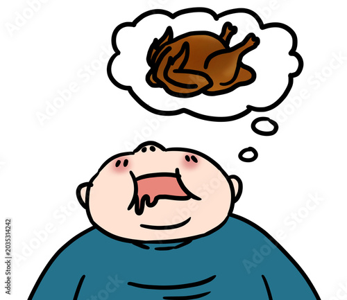 Cute chubby boy eating burger and french fries happily illustration