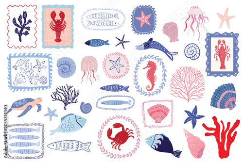 Fotografía Vintage marine elements collection in red and blue nautical style, coastal summe