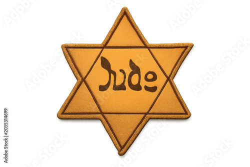 Yellow Star of David badge with Jude lettering, textured fabric and stitched dark outline, isolated PNG on transparent background, Holocaust remembrance, Jewish history and memorial symbols.