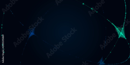 Abstract dark blue and glowing green digital geometric plexus line background for modern cybersecurity presentation and futuristic web banner