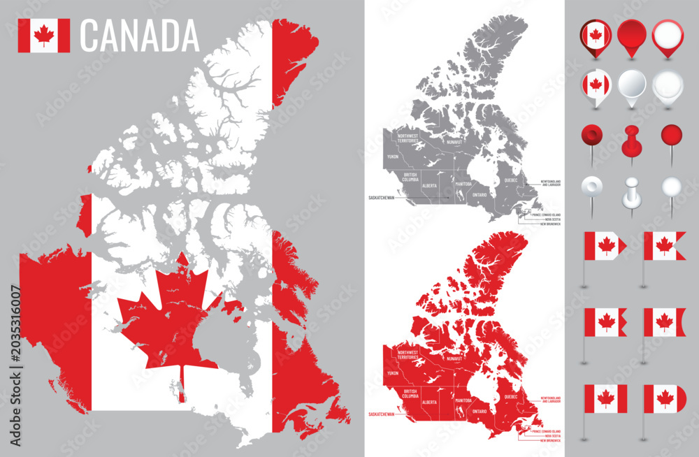 Naklejka premium Canada vector map with flag, globe and icons on white background