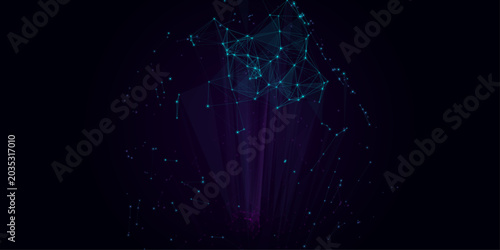 Abstract dark glowing cyan and purple digital plexus network light beam background for artificial intelligence presentation and tech banner