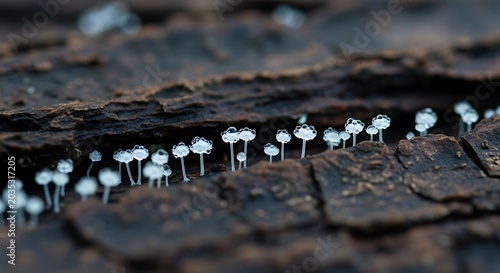 Small White Mushrooms Growing on Dark Wood.