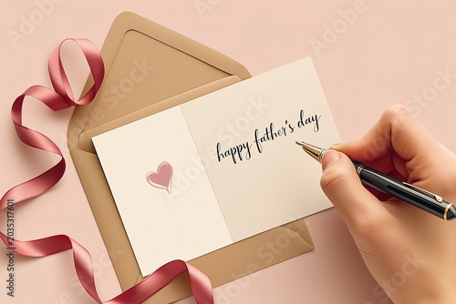 Top‑Down Open Handwritten Father’s Day Greeting Card Gratitude Design with Minimal Heart Decor, Wine‑Red Ribbon & Kraft Envelope on Light Pink Background