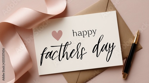 Top‑Down Minimal Cursive Father’s Day Greeting Card Warm Gratitude Design with Pink Heart, Ribbon, Kraft Envelope & Pen on Light Pink Background