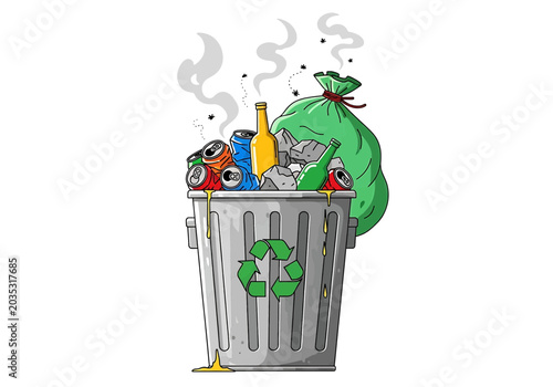 Obraz na plátně A cartoon illustration of an overflowing metal trash can filled with cans, bottles, and a green garbage bag, emitting a foul odor with flies