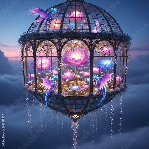 Fantastical Glass Dome Floating in the Sky with Vibrant Colors.