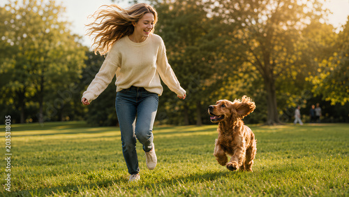 Happy Woman Running with Cocker Spaniel Dog in Sunny Park