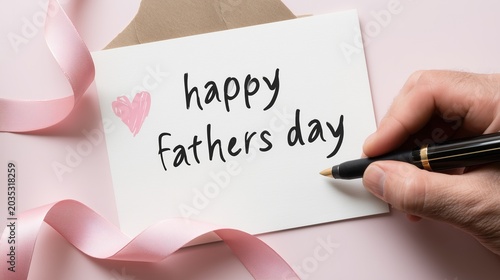 Top‑Down Handwritten Father’s Day Greeting Card Warm Gratitude Design with Hand‑Drawn Heart, Pink Ribbon and Kraft Envelope on Light Pink Background