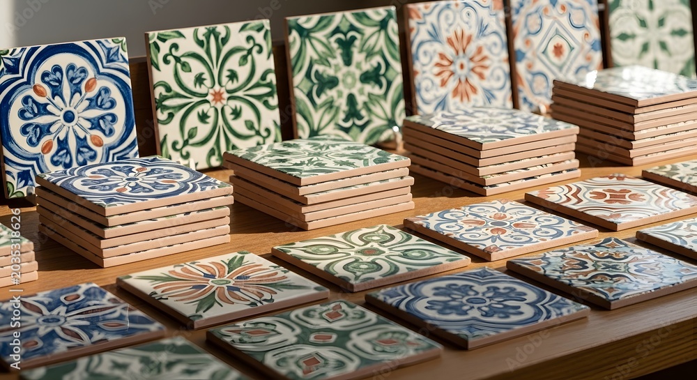 Fototapeta premium Handmade ceramic tiles with intricate patterns, showcasing artisanal craftsmanship and design