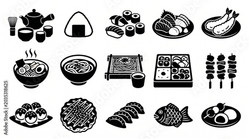 Traditional Japanese Cuisine Collection with Iconic Foods Sushi Udon Tempura and Mochi Vector Icons