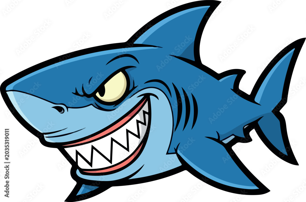 Fototapeta premium Angry Cartoon Blue Shark with Big Grin and Sharp Teeth