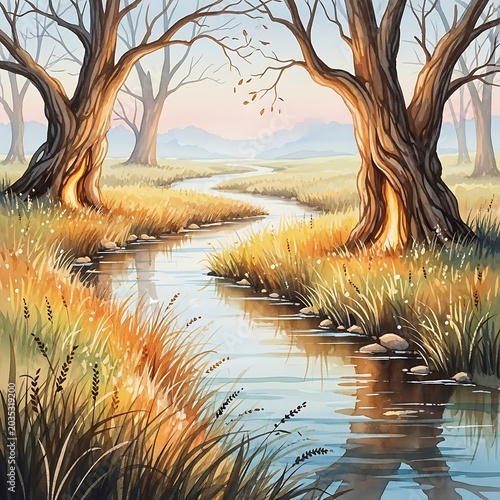Serene Autumn Landscape with Stream and Golden Grass.