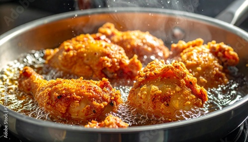 close view of chicken pieces deep frying in pan with sizzling oil macro