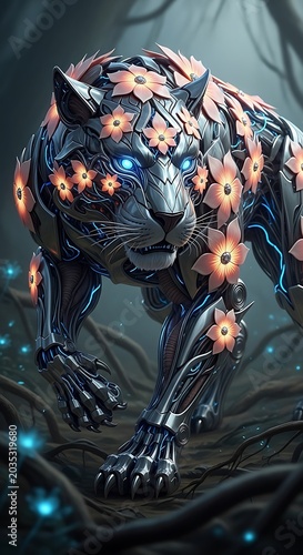 Futuristic Cyborg Panther with Glowing Blue Eyes.