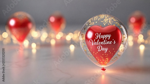 3D Transparent Confetti Heart Balloon Valentine’s Day Poster Romantic Confession Holiday Design with Bokeh Lights on Light Gray Background