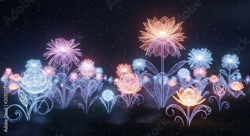 Vibrant Glowing Flowers on Dark Background.