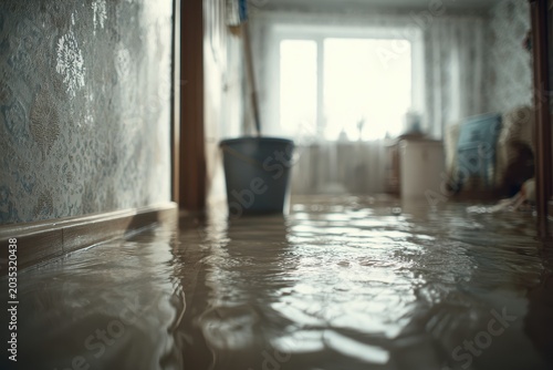 Home flooding aftermath: burst pipe leak, wet flooring and damp walls, calm neutral tones