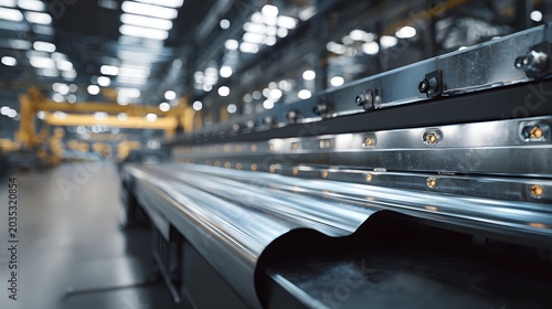 Metal sheet processing line inside modern manufacturing factory.
