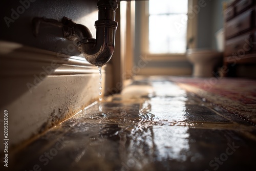 Indoor water damage from a leaking pipe with a wet floor and damp walls