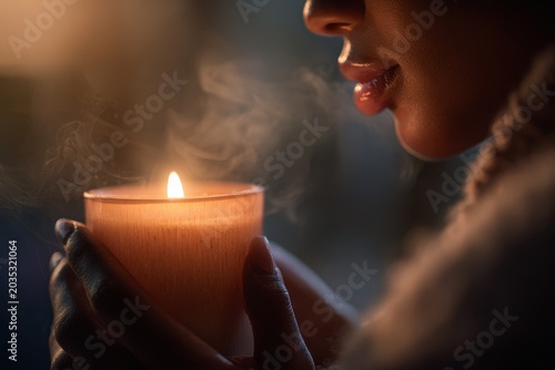 Intimate close-up of a female hand cradling a lit candle with a wooden wick in cozy indoor glow