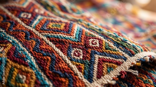 Close-up of colorful woven textile with geometric patterns