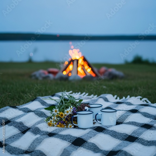 Serene Lakeside Bonfire at Dusk with Cozy Mugs, Wildflowers, and a Blanket for a Perfect Picnic