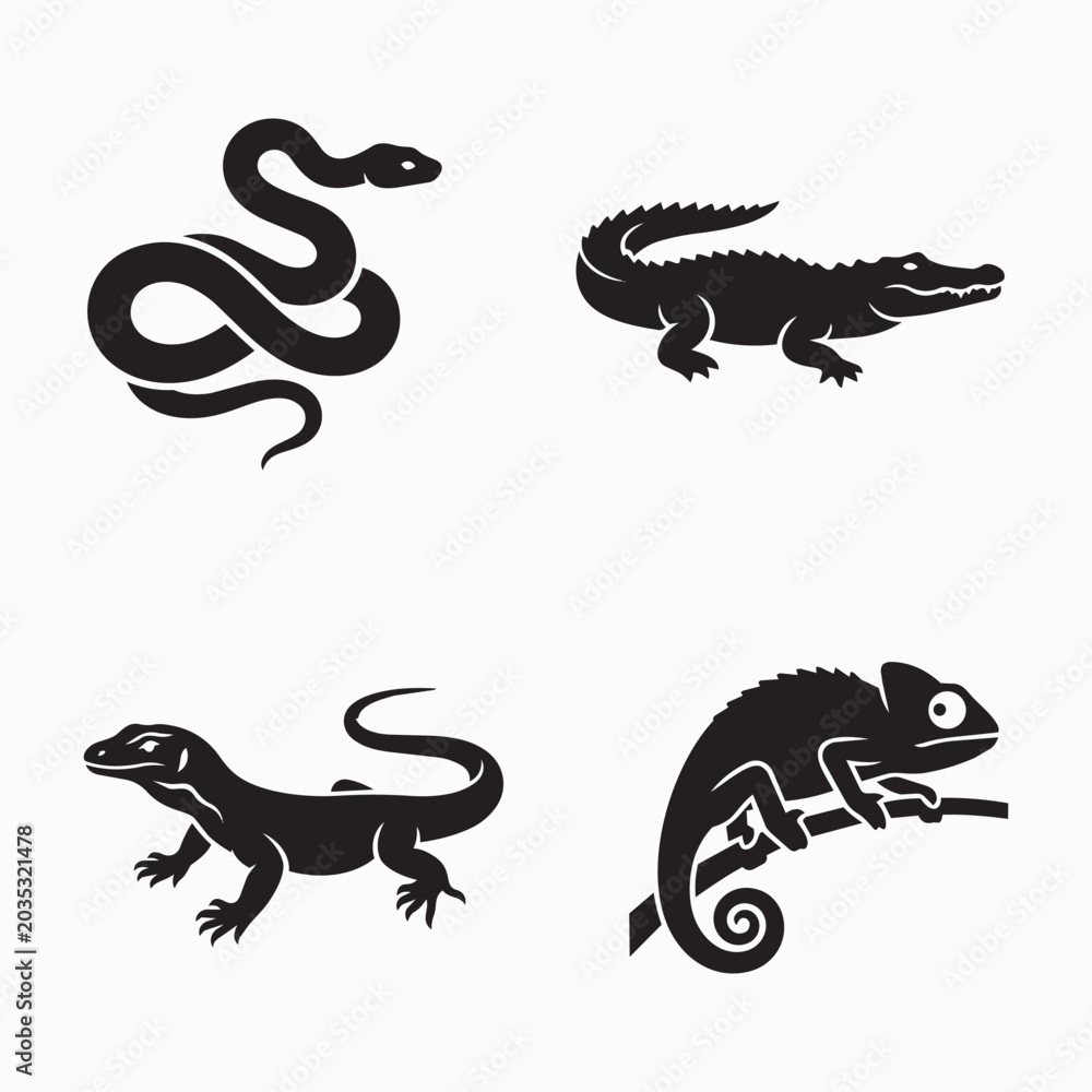 Obraz premium Four silhouettes of reptiles including a snake alligator lizard chameleon with black and white cold blooded animal kingdom white background