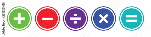 Foto Colorful math symbols plus minus divide multiply equals flat icons on white back