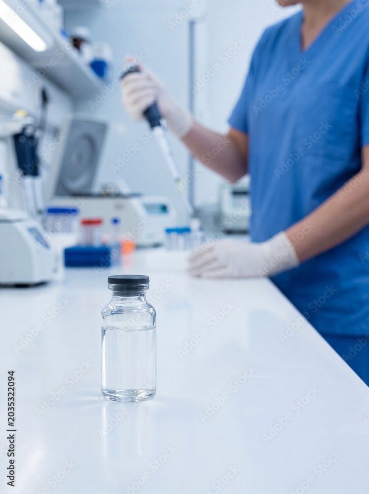 Fototapeta premium Laboratory Scientist Working with Micropipette and Medicine Vial in Foreground