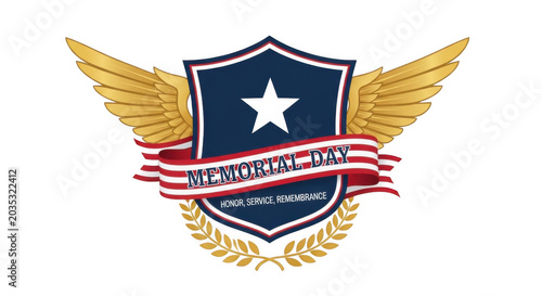 Memorial day emblem with a blue shield, white star, golden wings, laurel wreath, and a red, white, and blue striped ribbon banner