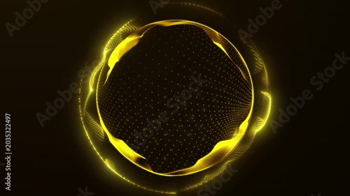 Golden glowing particle energy ring on dark background, luxury digital portal loop for futuristic technology, science visuals, and elegant intros