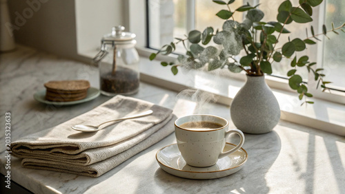 Steaming Cup of Coffee by the Window