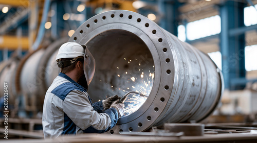 Nuclear small modular reactor construction welder working inside pressure vessel component in fabrication facility, precision nuclear manufacturing, advanced fission energy component assembly single