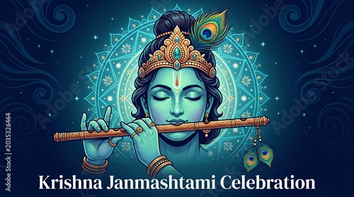 Lord krishna janmashtami illustration divine flute player with peacock feathers and circular ornamental design