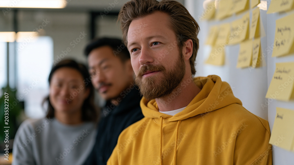 Fototapeta premium Engineering lead whiteboarding microservices migration plan with two developers, afternoon overcast light through frosted office glass, sticky notes clustering technical debt items as team debates w