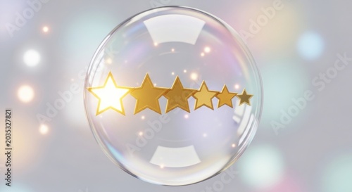 Golden stars inside a transparent bubble on bokeh background