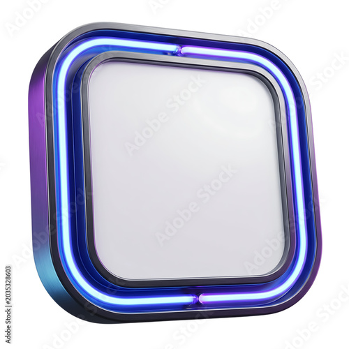 Square neon light sign frame with blue glow isolated on transparent background for graphic design