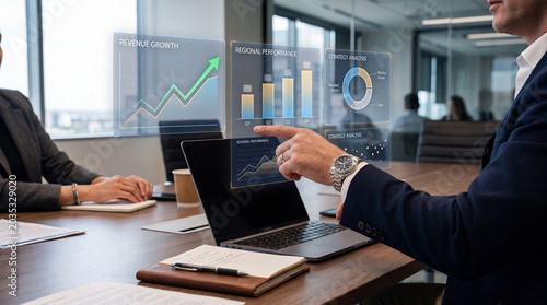 Tableau sur toile Business leader analyzing complex holographic dashboard with revenue growth, regional performance