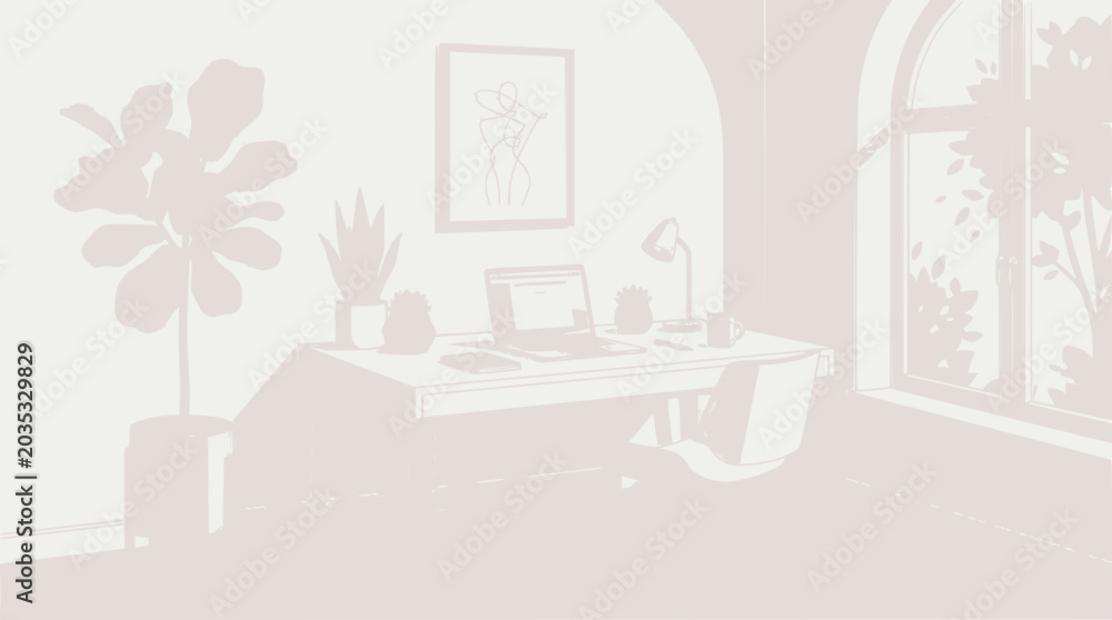 Fototapeta premium Minimalist home office with plants and natural light from window