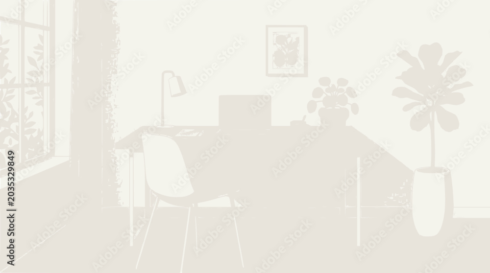 Fototapeta premium Cozy Home Office with Desk, Chair, Laptop, and Plants - Bright Natural Light
