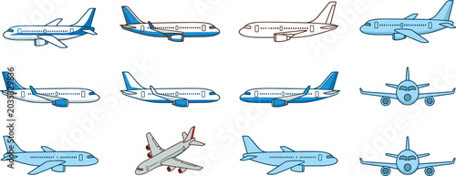Set of flat vector airplane icons and passenger jet illustrations for travel aviation and transport design