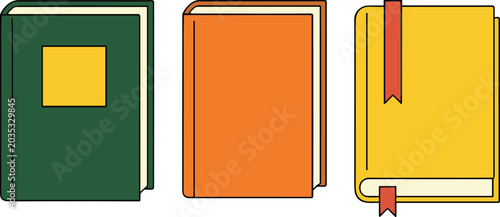 Set of flat vector icons showing colorful hardcover books with bookmarks isolated on white background for education publishing and reading designs