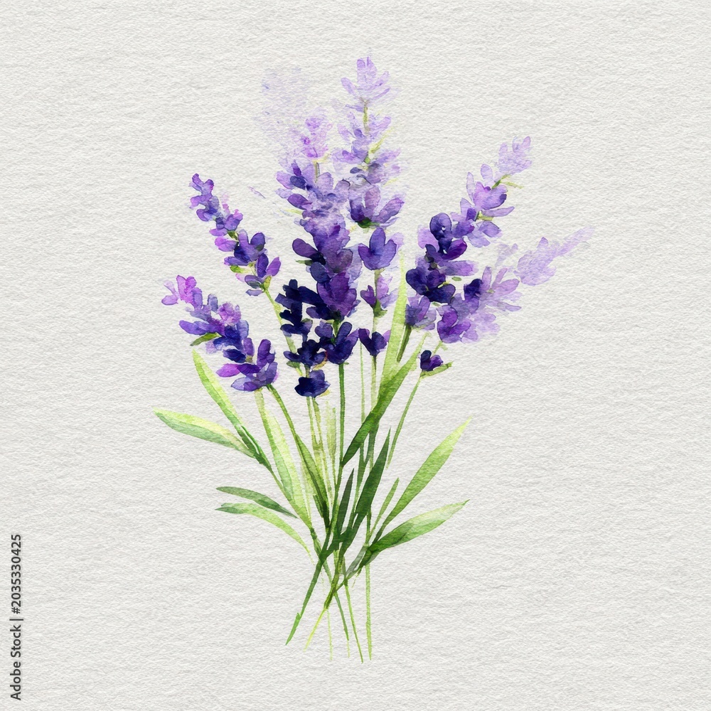 Obraz premium Lavender bouquet in watercolor on white background â€“ soft pastel floral illustration