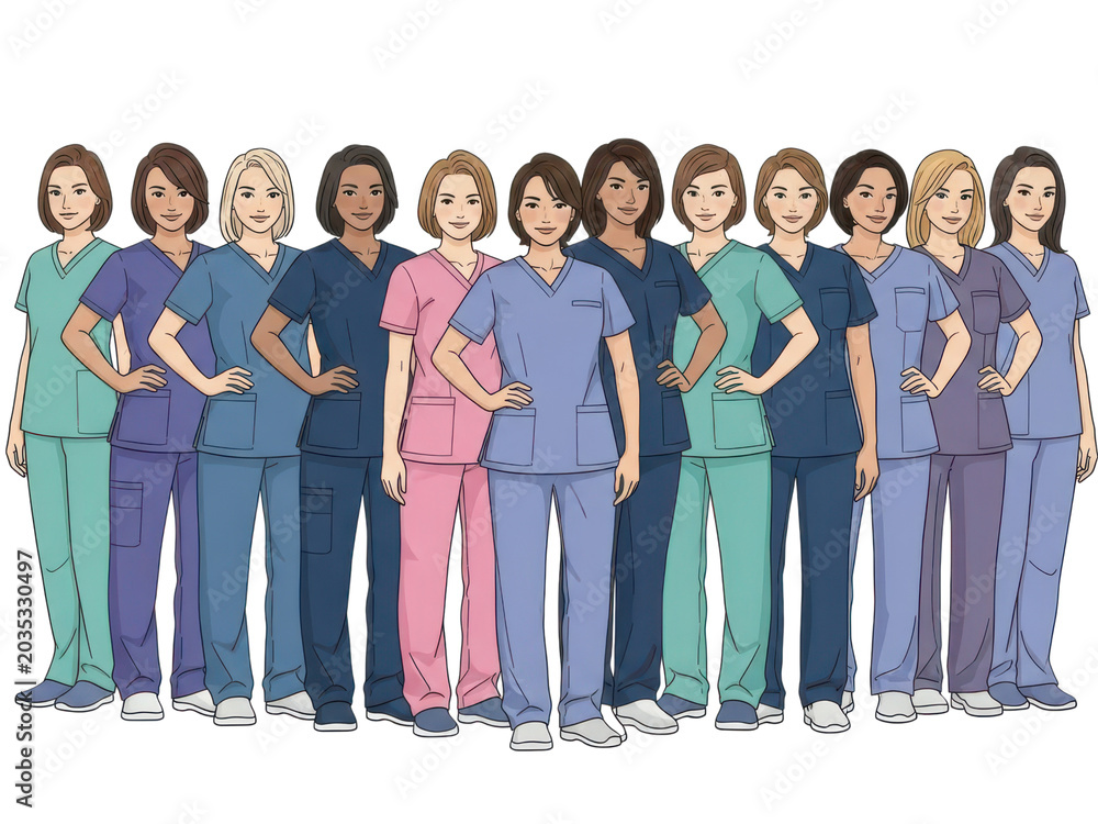 Obraz premium Group of female medical professionals in colorful scrubs